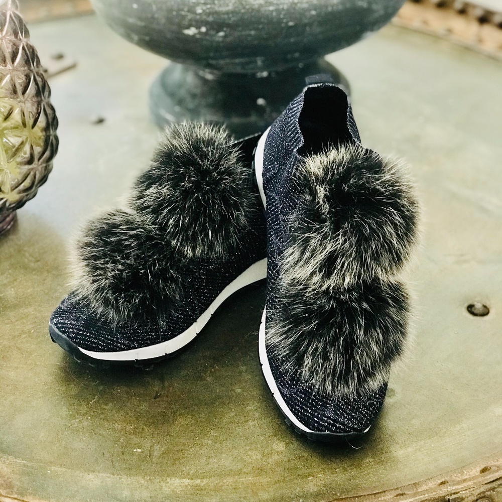 Jimmy Choo Norway Fox Fur Lurex Knit Sneakers